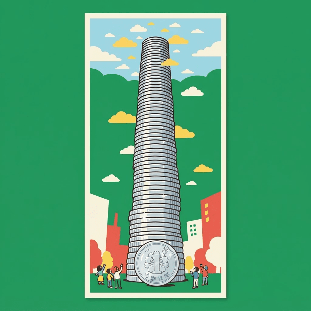 1円玉を高く積み上げたタワーのイラスト