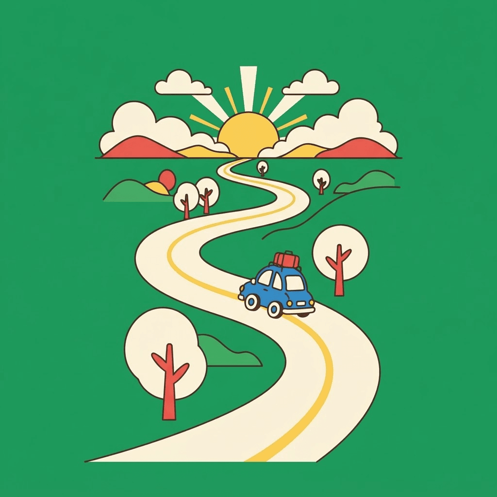 地平線まで続く道と車のイラスト