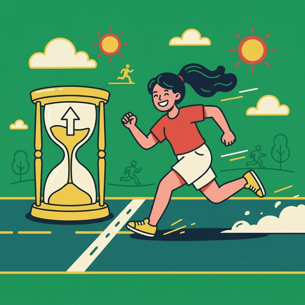 スタートダッシュを切る若者と砂時計のイラスト